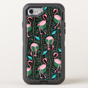 Flamingo Birds 20s Art Deco Ferns Pink Black OtterBox Defender iPhone SE/8/7 Case