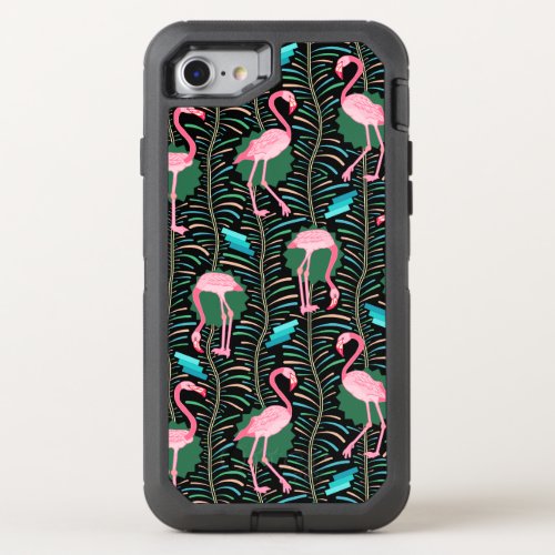 Flamingo Birds 20s Art Deco Ferns Pink Black OtterBox Defender iPhone SE87 Case