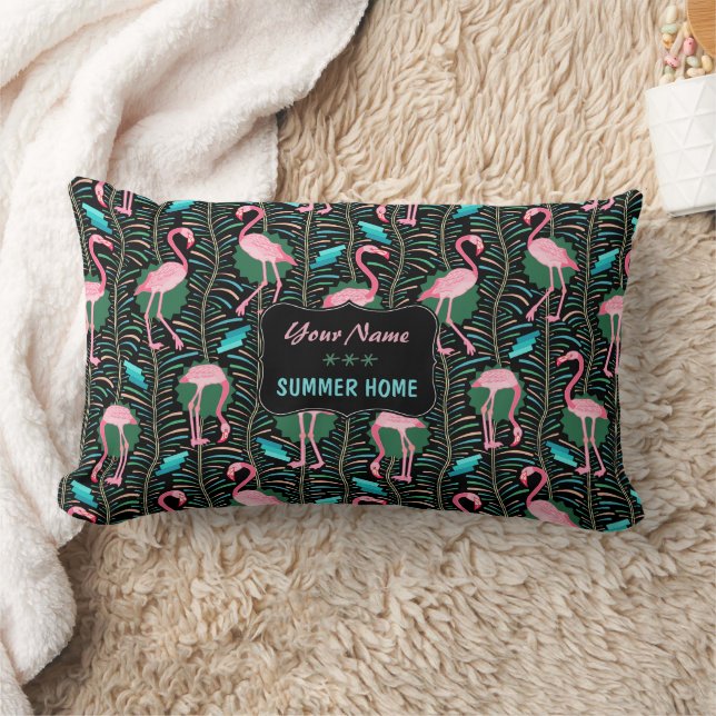 Flamingo Birds 20s Art Deco Ferns Summer Home Name Lumbar Pillow (Blanket)