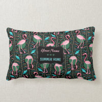 Flamingo Birds 20s Art Deco Ferns Summer Home Name Lumbar Pillow