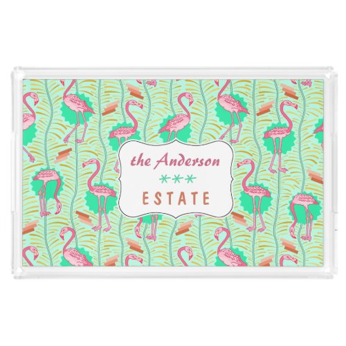 Flamingo Birds 20s Deco Fern Pattern Summer Custom Acrylic Tray