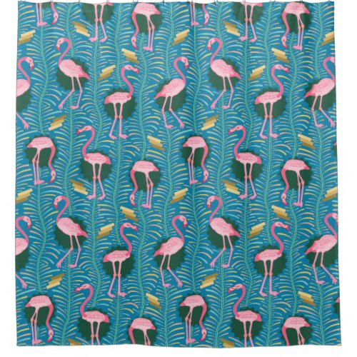 Flamingo Birds 20s Deco Ferns Blue Gold Tropical Shower Curtain