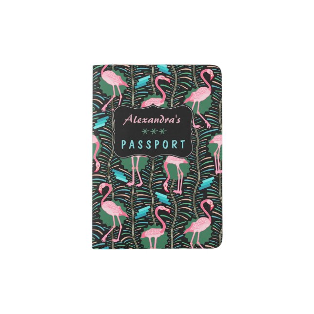 Flamingo Birds 20s Deco Ferns Pattern Black Custom Passport Holder (Front)