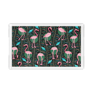 Flamingo Birds 20s Deco Ferns Pattern Black Green Acrylic Tray