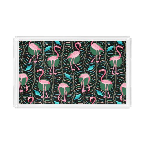 Flamingo Birds 20s Deco Ferns Pattern Black Green Acrylic Tray
