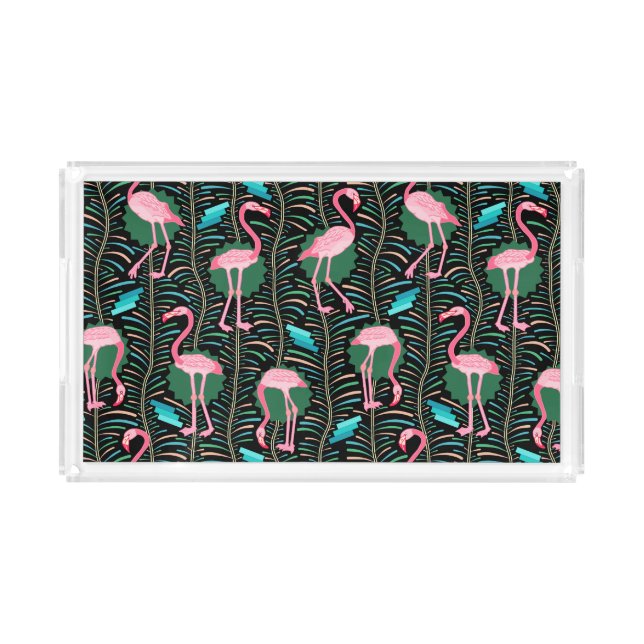 Flamingo Birds 20s Deco Ferns Pattern Black Green Acrylic Tray (Front)