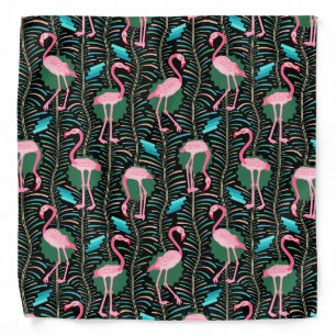 Flamingo Birds 20s Deco Ferns Pattern Black Green Bandana