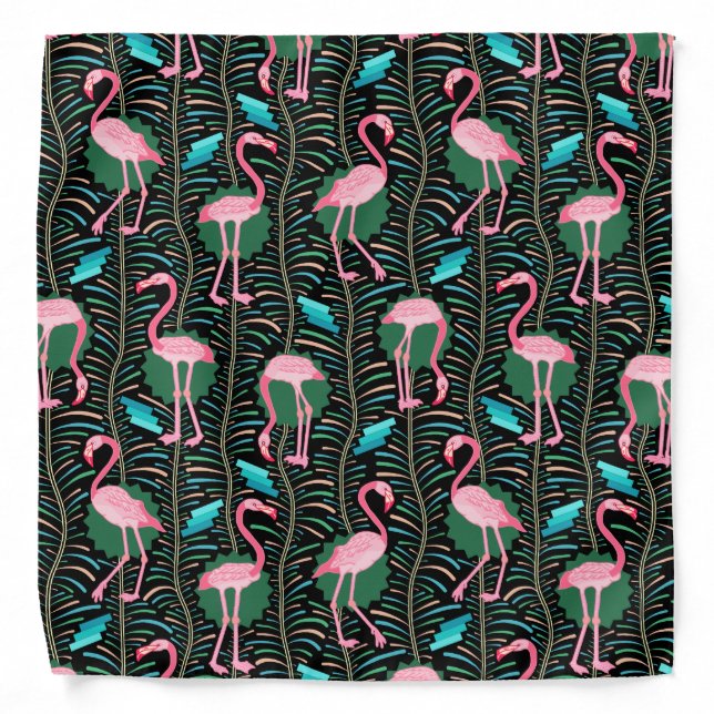 Flamingo Birds 20s Deco Ferns Pattern Black Green Bandana (Front)