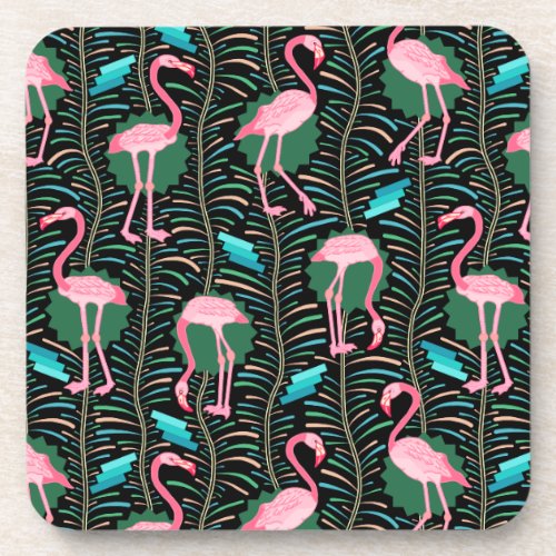 Flamingo Birds 20s Deco Ferns Pattern Black Green Beverage Coaster