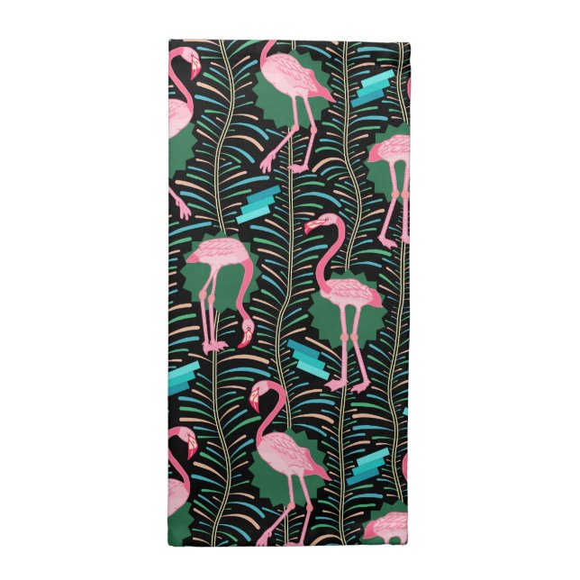 Flamingo Birds 20s Deco Ferns Pattern Black Green Cloth Napkin (Half Fold)