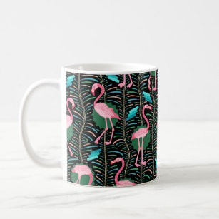 Flamingo Birds 20s Deco Ferns Pattern Black Green Coffee Mug