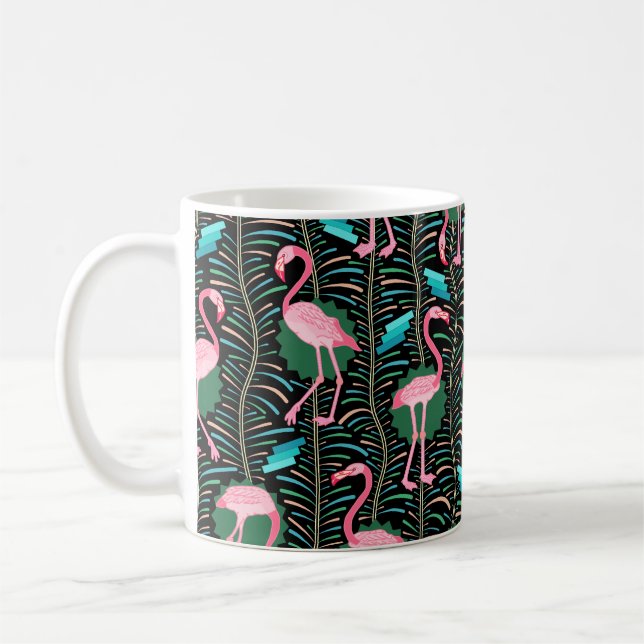 Flamingo Birds 20s Deco Ferns Pattern Black Green Coffee Mug (Left)