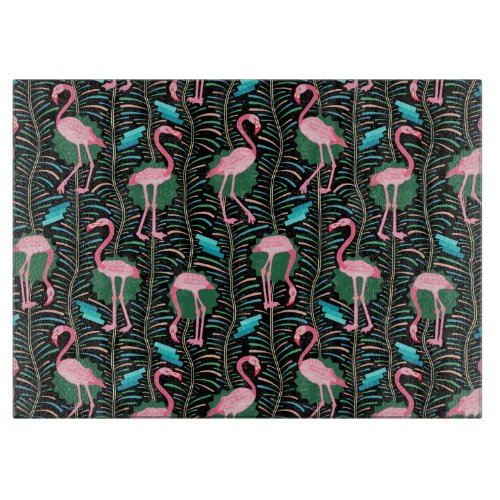 Flamingo Birds 20s Deco Ferns Pattern Black Green Cutting Board
