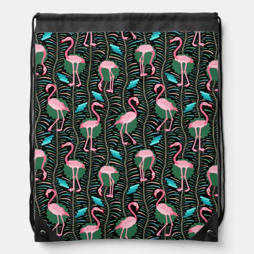 Flamingo Birds 20s Deco Ferns Pattern Black Green Drawstring Bag