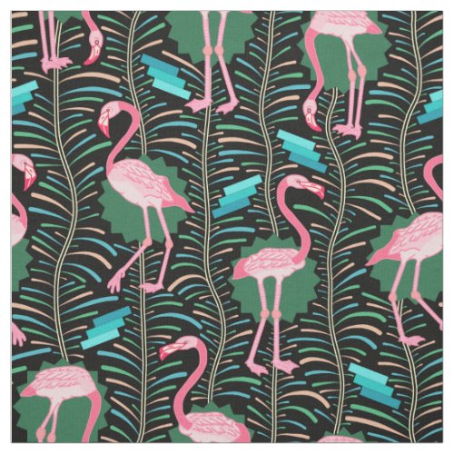 Flamingo Birds 20s Deco Ferns Pattern Black Green Fabric