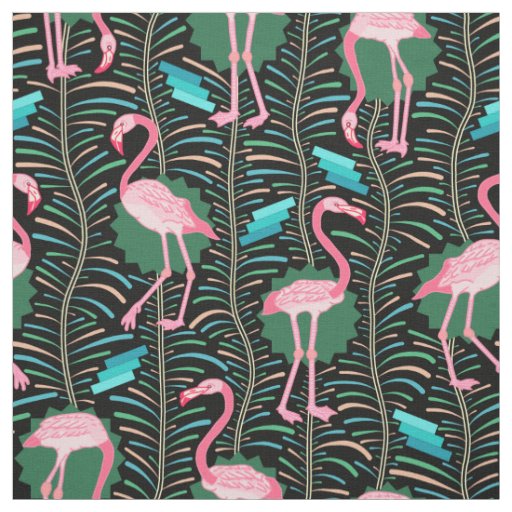 Flamingo Birds 20s Deco Ferns Pattern Black Green Fabric