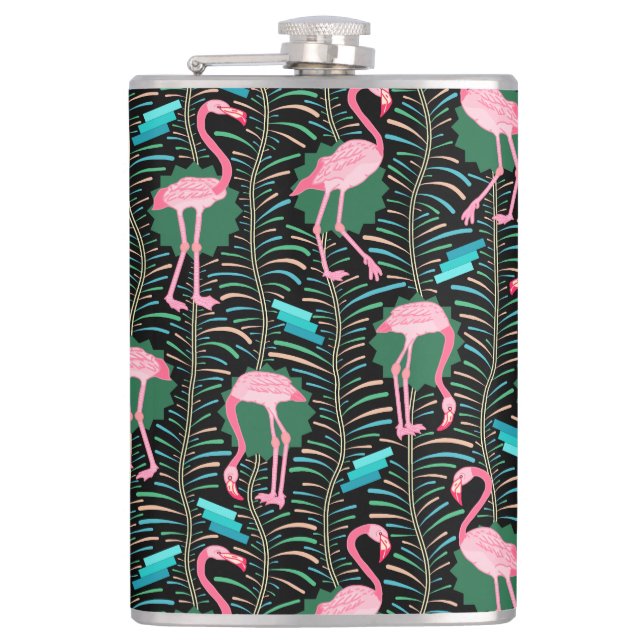 Flamingo Birds 20s Deco Ferns Pattern Black Green Flask (Front)