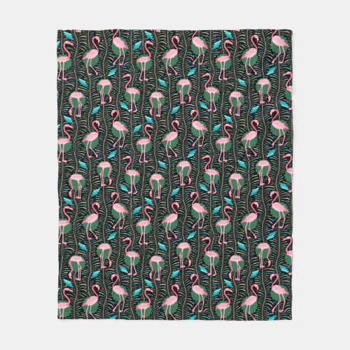 Flamingo Birds 20s Deco Ferns Pattern Black Green Fleece Blanket