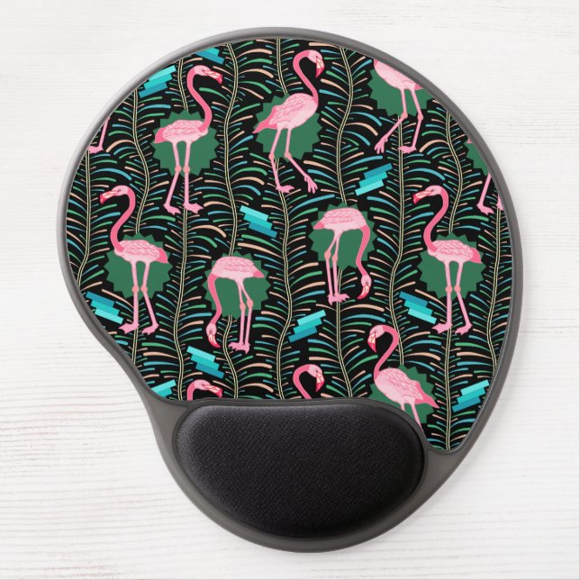 Flamingo Birds 20s Deco Ferns Pattern Black Green Gel Mouse Pad (Front)