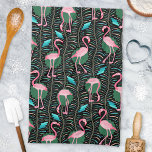 Flamingo Birds 20s Deco Ferns Pattern Black Green Kitchen Towel<br><div class="desc">This elegant flamingo bird pattern decorative design is made in a retro 20s Art Deco style. The bright pink flamingos rest against a background that includes fern fronds in bold colors and geometric rectangular shapes in shades of teal green / turquoise blue, all on a backdrop of black. This original,...</div>