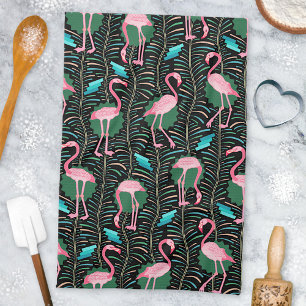 Flamingo Birds 20s Deco Ferns Pattern Black Green Kitchen Towel
