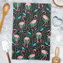 Flamingo Birds 20s Deco Ferns Pattern Black Green Kitchen Towel