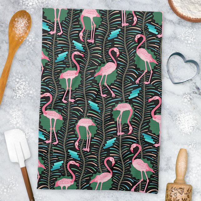 Flamingo Birds 20s Deco Ferns Pattern Black Green Kitchen Towel (Creator Uploaded)