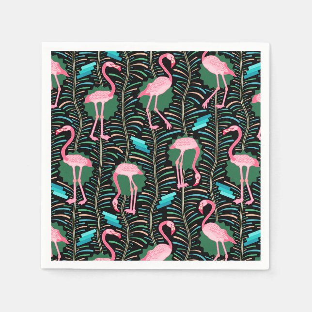 Flamingo Birds 20s Deco Ferns Pattern Black Green Paper Napkins (Front)
