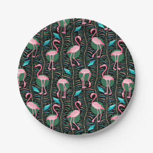 Flamingo Birds 20s Deco Ferns Pattern Black Green Paper Plates