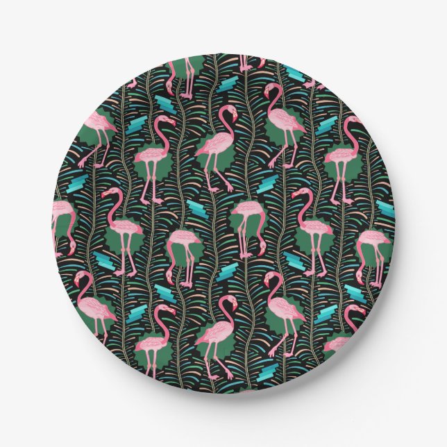 Flamingo Birds 20s Deco Ferns Pattern Black Green Paper Plates (Front)