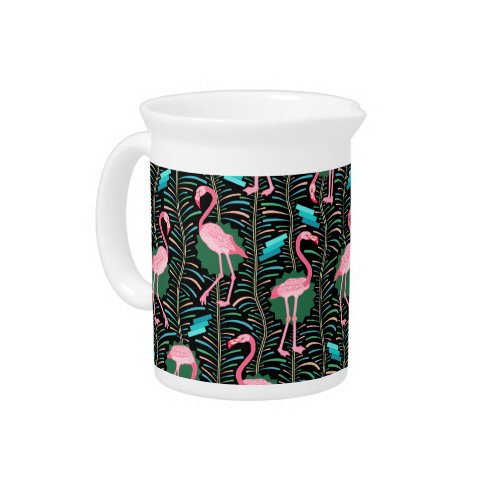 Flamingo Birds 20s Deco Ferns Pattern Black Green Pitcher