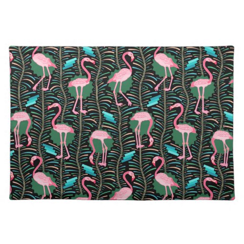 Flamingo Birds 20s Deco Ferns Pattern Black Green Placemat