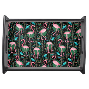 Flamingo Birds 20s Deco Ferns Pattern Black Green Serving Tray