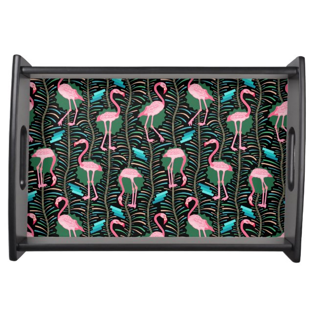 Flamingo Birds 20s Deco Ferns Pattern Black Green Serving Tray (Front)