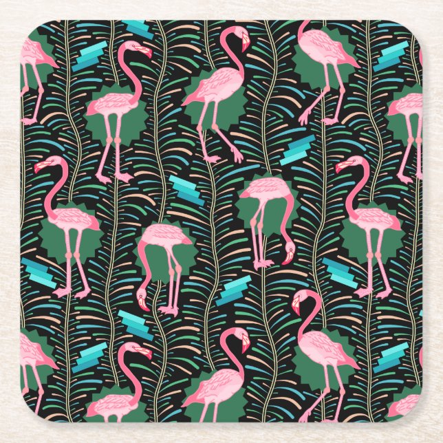 Flamingo Birds 20s Deco Ferns Pattern Black Green Square Paper Coaster (Front)