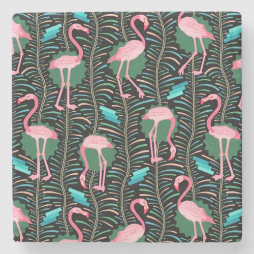 Flamingo Birds 20s Deco Ferns Pattern Black Green Stone Coaster