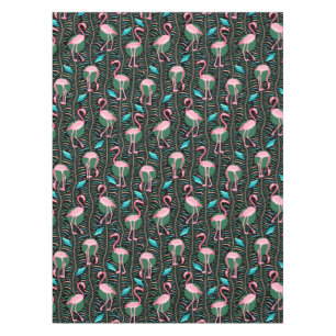 Flamingo Birds 20s Deco Ferns Pattern Black Green Tablecloth