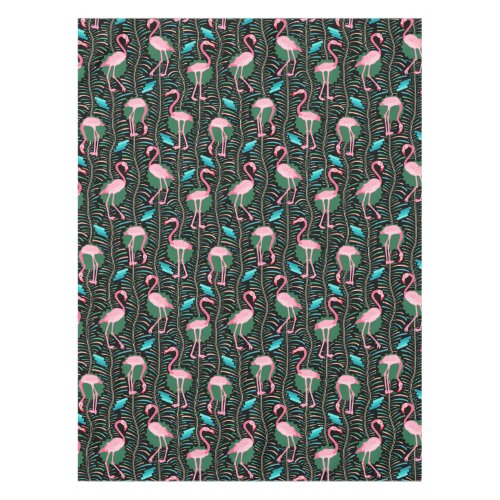 Flamingo Birds 20s Deco Ferns Pattern Black Green Tablecloth