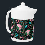 Flamingo Birds 20s Deco Ferns Pattern Black Green Teapot<br><div class="desc">This elegant flamingo bird pattern decorative design is made in a retro 20s Art Deco style. The bright pink flamingos rest against a background that includes fern fronds in bold colors and geometric rectangular shapes in shades of teal green / turquoise blue, all on a backdrop of black. This original,...</div>
