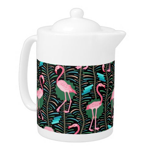 Flamingo Birds 20s Deco Ferns Pattern Black Green Teapot