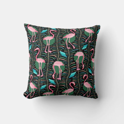 Flamingo Birds 20s Deco Ferns Pattern Black Green Throw Pillow | Zazzle