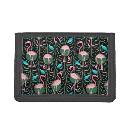 Flamingo Birds 20s Deco Ferns Pattern Black Green Trifold Wallet