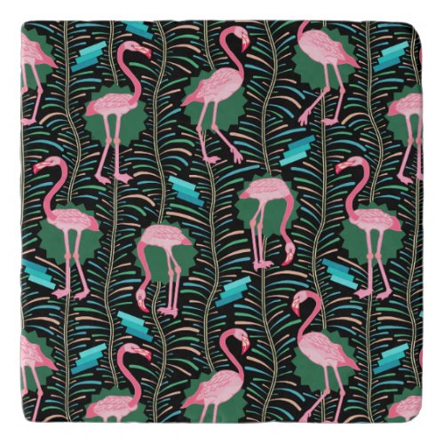 Flamingo Birds 20s Deco Ferns Pattern Black Green Trivet