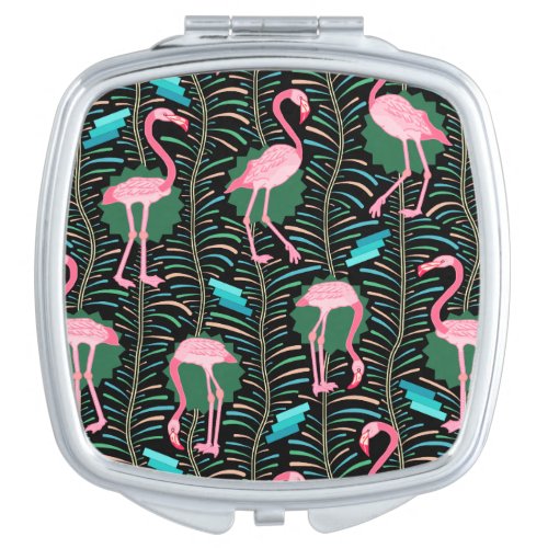 Flamingo Birds 20s Deco Ferns Pattern Black Green Vanity Mirror