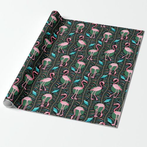 Flamingo Birds 20s Deco Ferns Pattern Black Green Wrapping Paper
