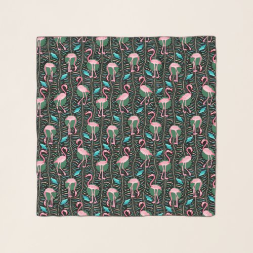 Flamingo Birds 20s Deco Ferns Pattern Black Pink Scarf