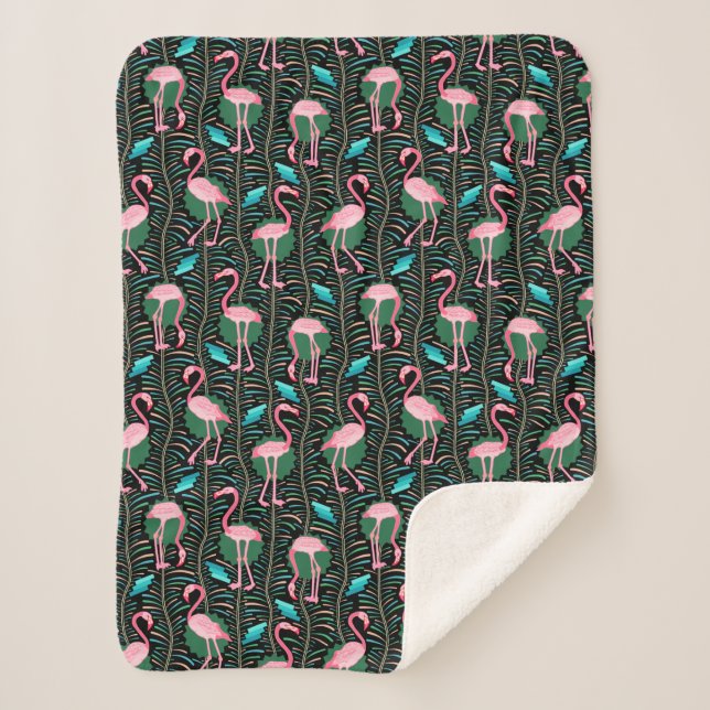 Flamingo Birds 20s Deco Ferns Pattern Black Pink Sherpa Blanket (Front)