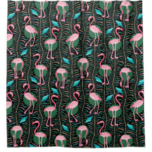 Flamingo Birds 20s Deco Ferns Pattern Black Pink Shower Curtain