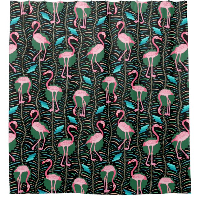 Flamingo Birds 20s Deco Ferns Pattern Black Pink Shower Curtain (Front)