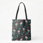 Flamingo Birds 20s Deco Ferns Pattern Black Pink